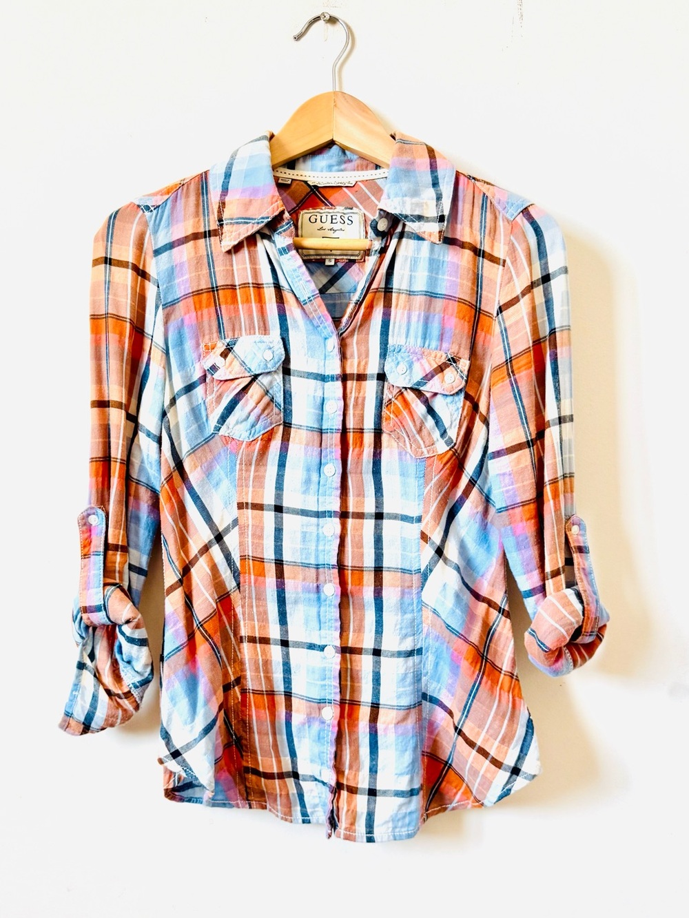 Guess Y2K Vintage Rare Plaid Orange Blue Button-Down Shirt Size Small.